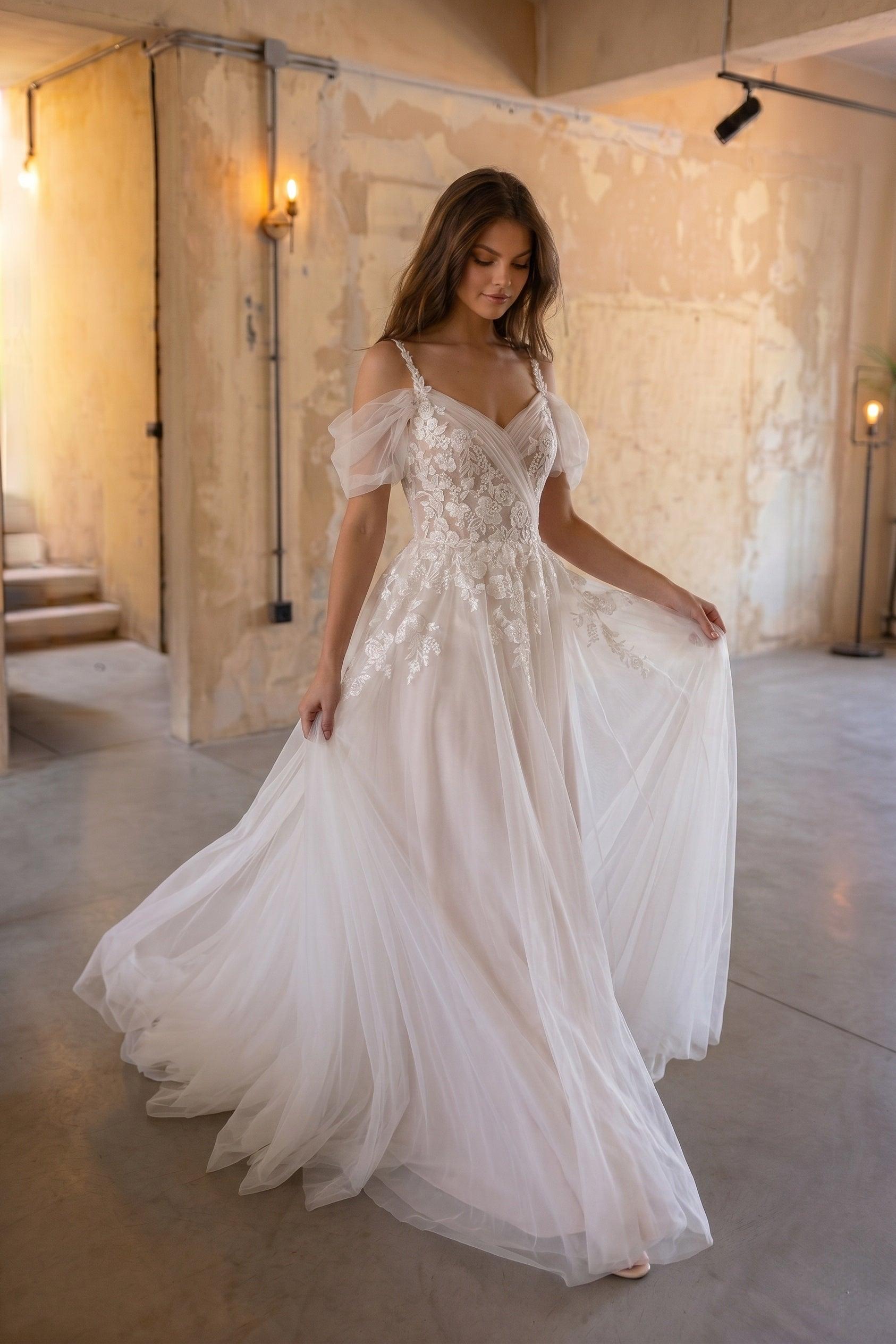 A-Line Chapel Train Lace Tulle Wedding Dress CW3127 - 45 Days / As Picture:Ivory/Sand / US0-UK2-EUR30 - COCOMELODY